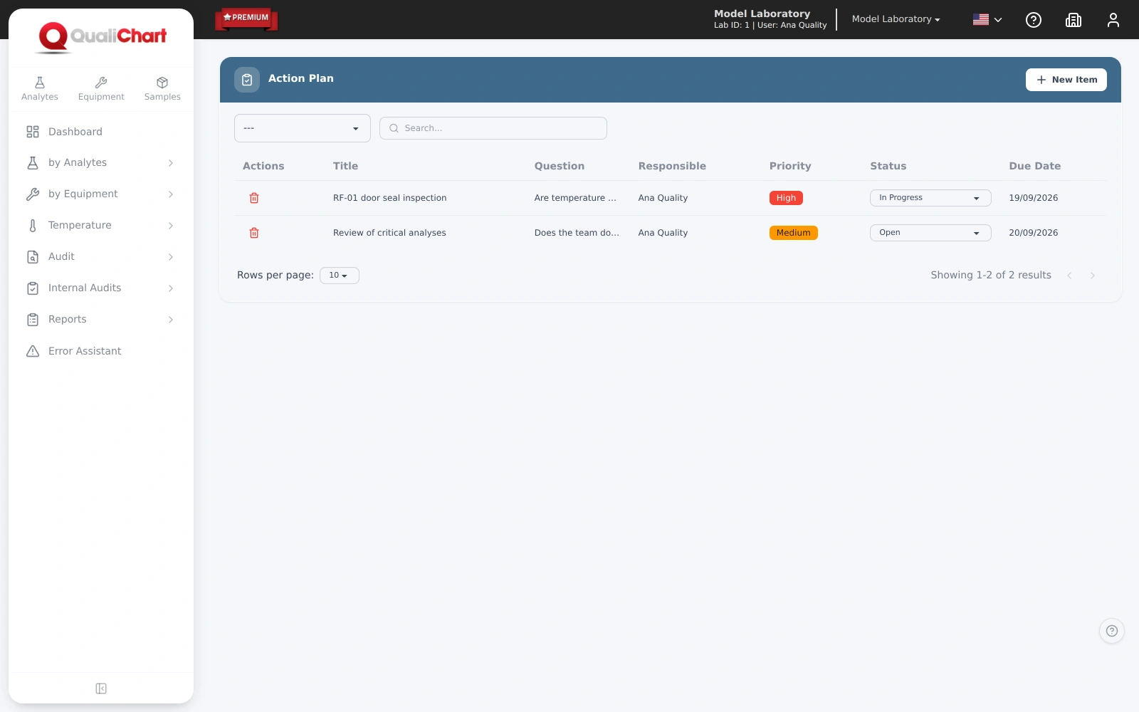 Action plan with items, owner, priority, status and deadline