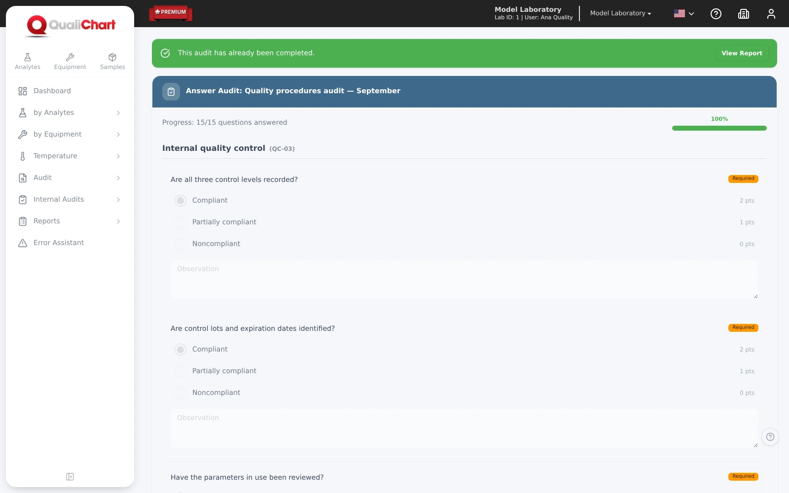 Audit in progress with questions by category, answer options, points and a notes field