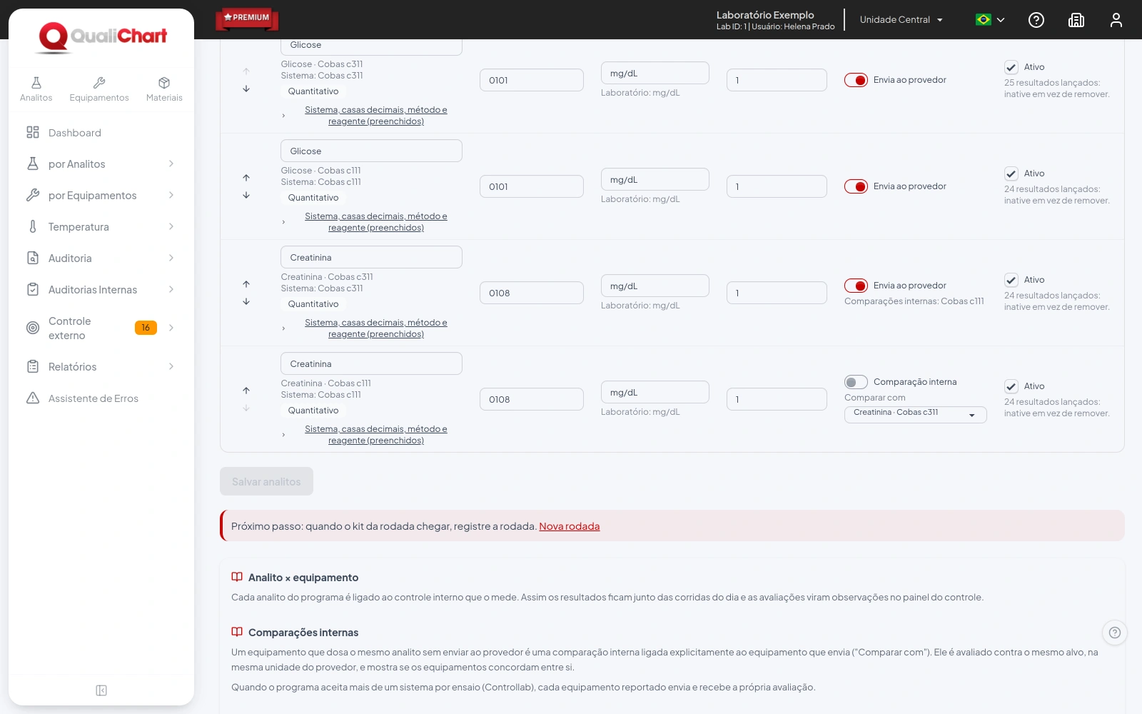 Analitos do programa Bioquímica da Controllab com código, unidade, fator, envio ao provedor e comparação interna