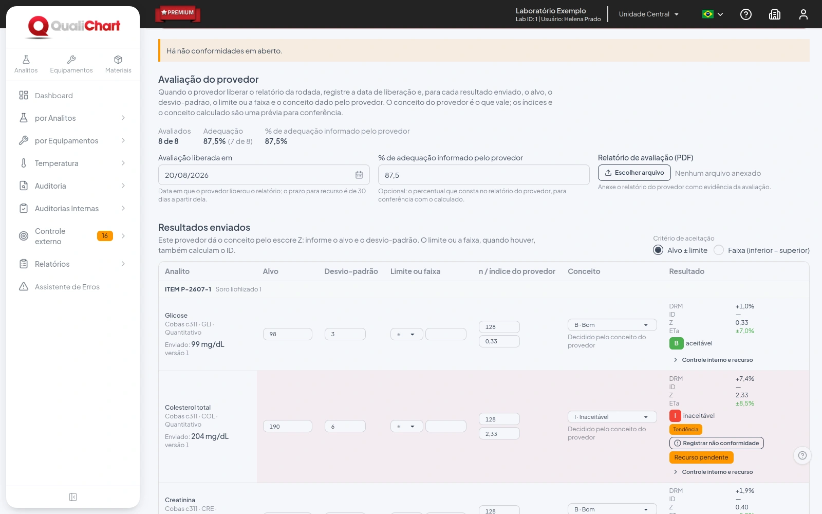 Avaliação do provedor com data de liberação, percentual informado e a grade de resultados enviados