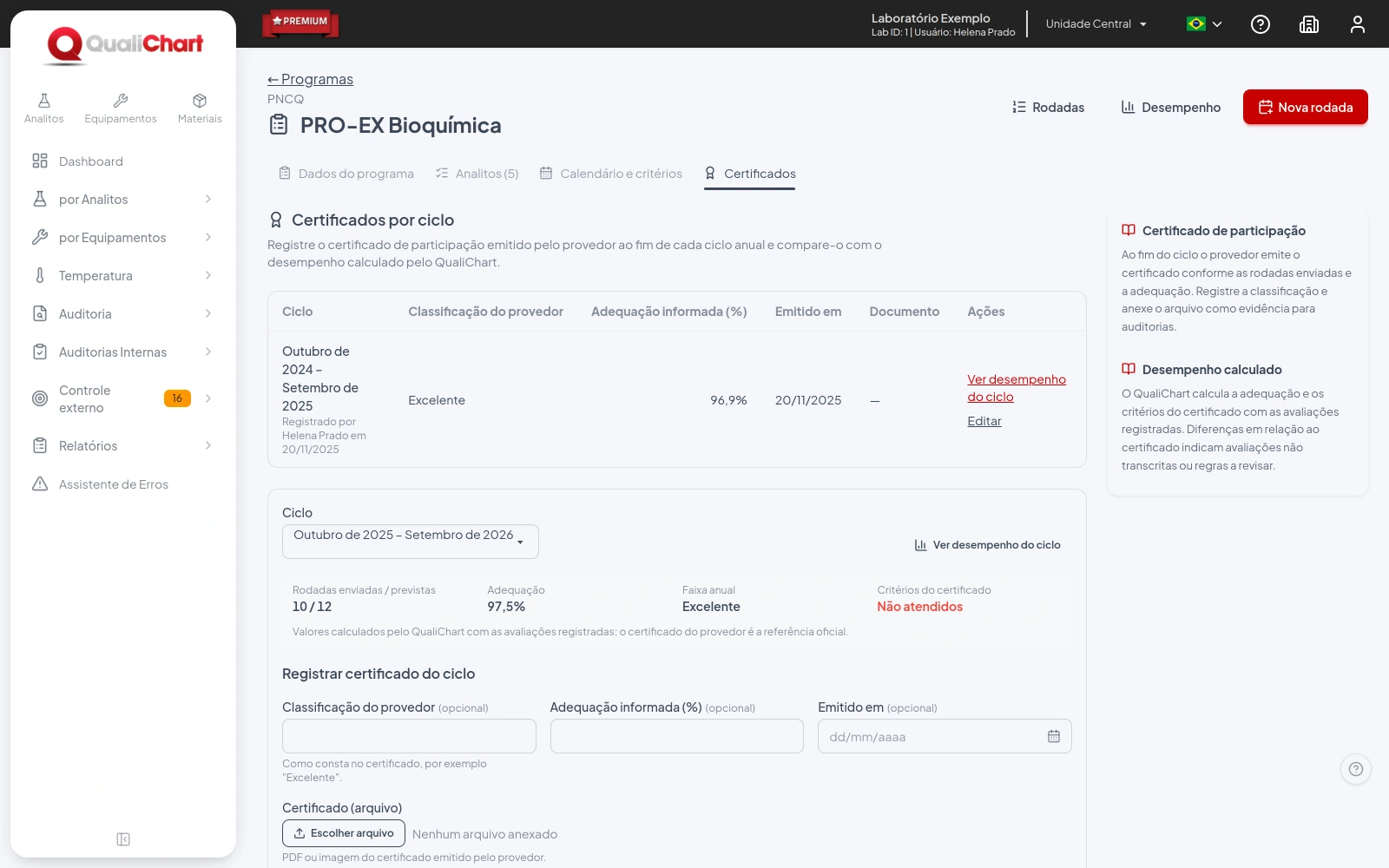 Aba Certificados com o certificado registrado e o formulário do ciclo seguinte