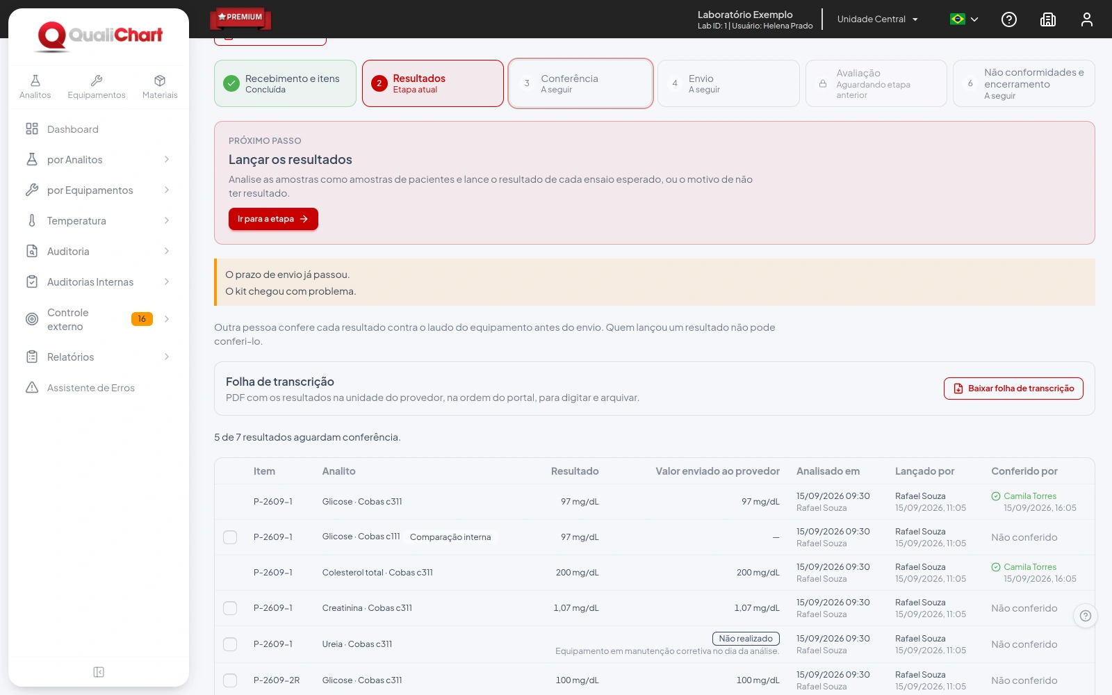 Tabela de conferência com resultado, valor enviado, análise, quem lançou e quem conferiu