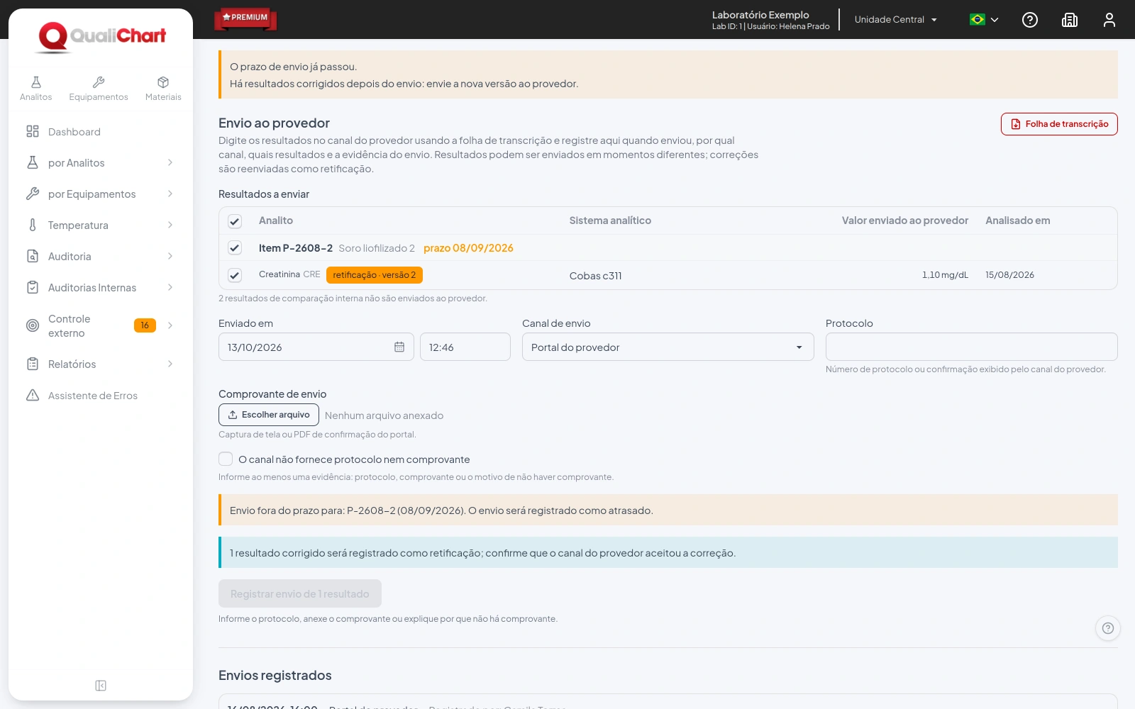 Envio ao provedor com a creatinina corrigida marcada como retificação e os campos de data, canal e protocolo