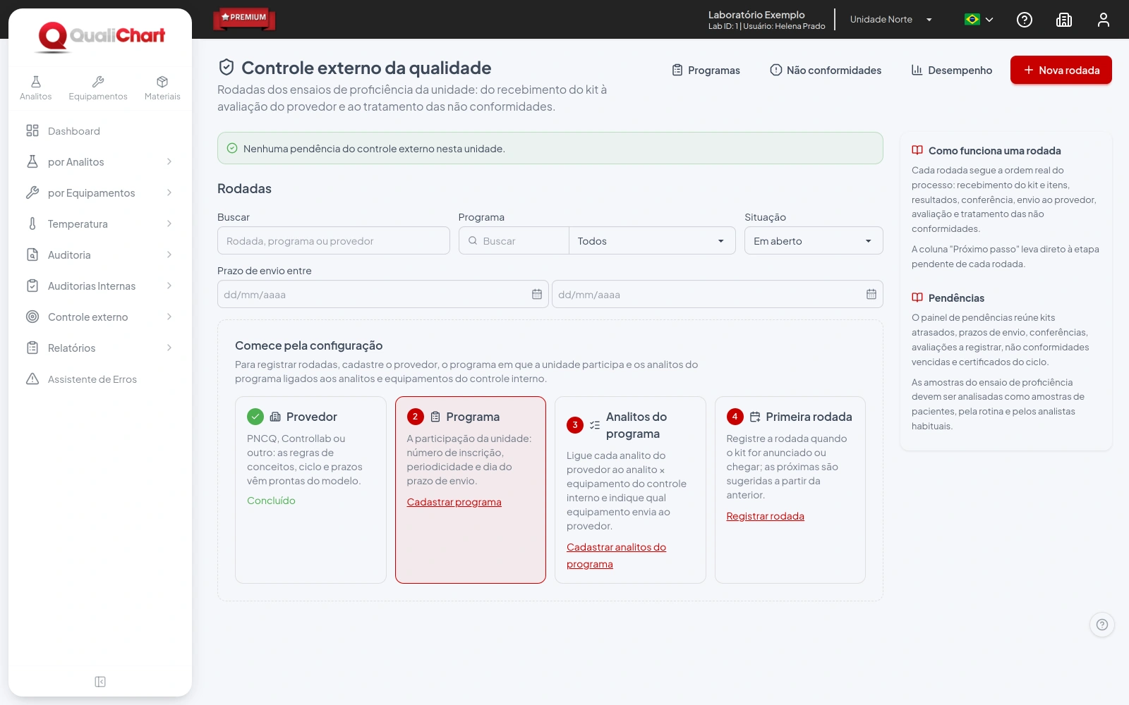 Tela Rodadas de uma unidade sem programas, com o roteiro de configuração em quatro passos