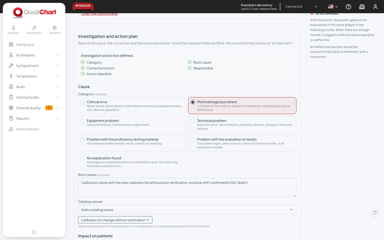 Investigation form with the checklist filled in, the category, the root cause and the catalog causes