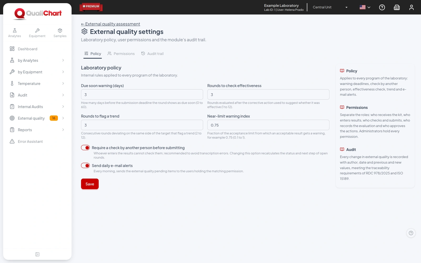 Policy tab with warning days, effectiveness and trend rounds, warning index and check and e-mail options