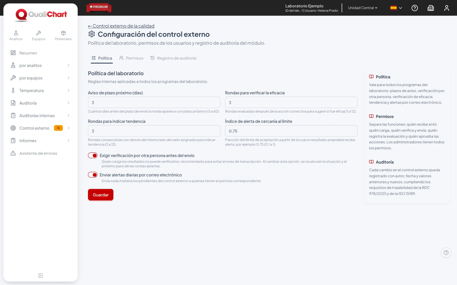 Pestaña Política con días de aviso, rondas de eficacia y tendencia, índice de alerta y opciones de verificación y correo