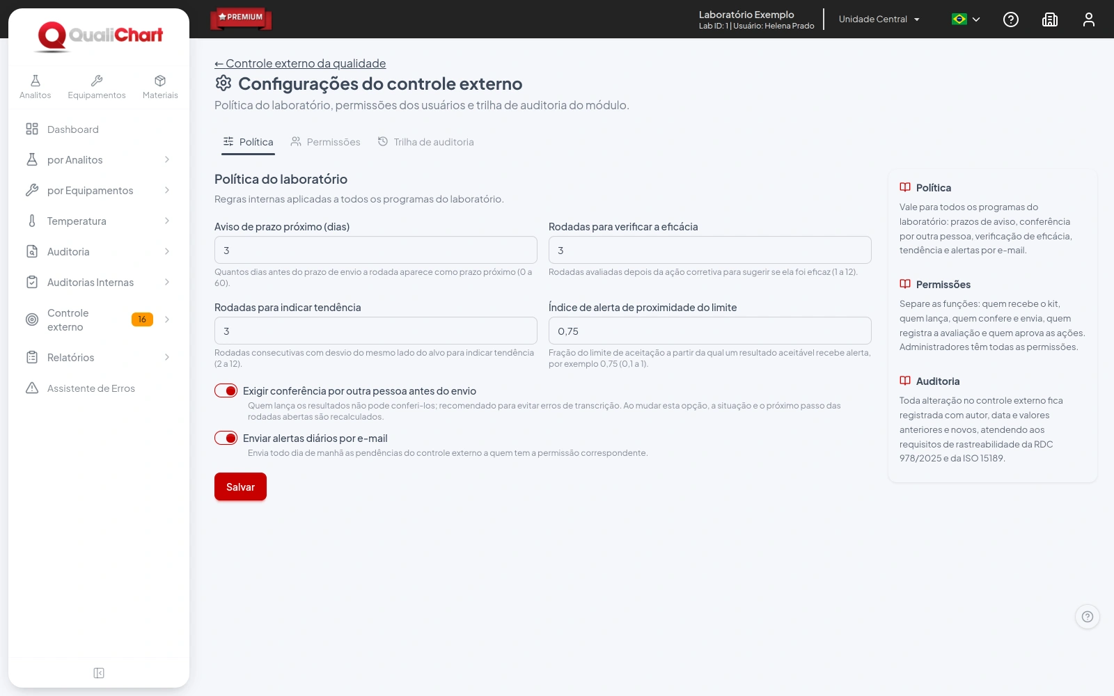 Aba Política com prazos de aviso, rodadas de eficácia e tendência, índice de alerta e opções de conferência e e-mail