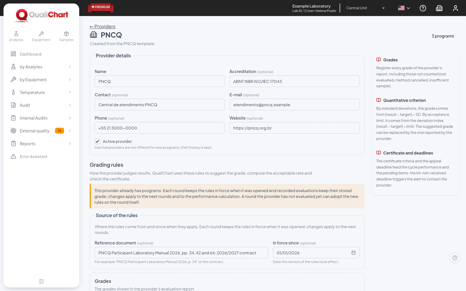 PNCQ provider page with contact details, a note on the rules and the source of the rules