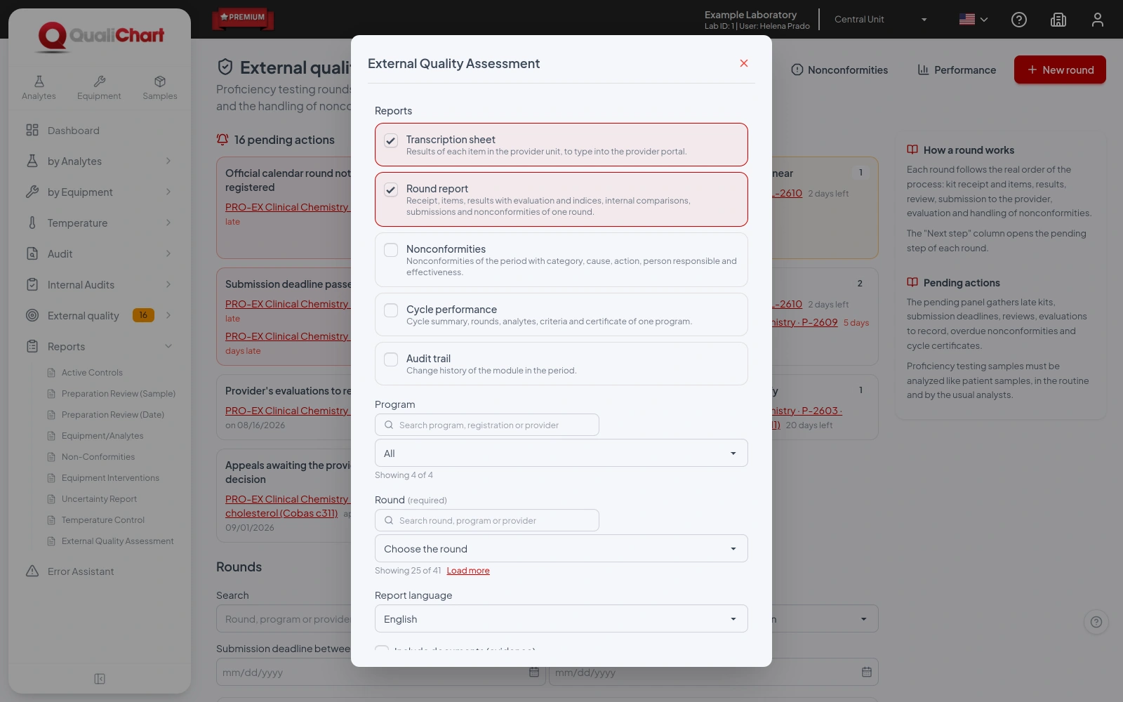 External quality reports window with the five reports and the program, round and language fields