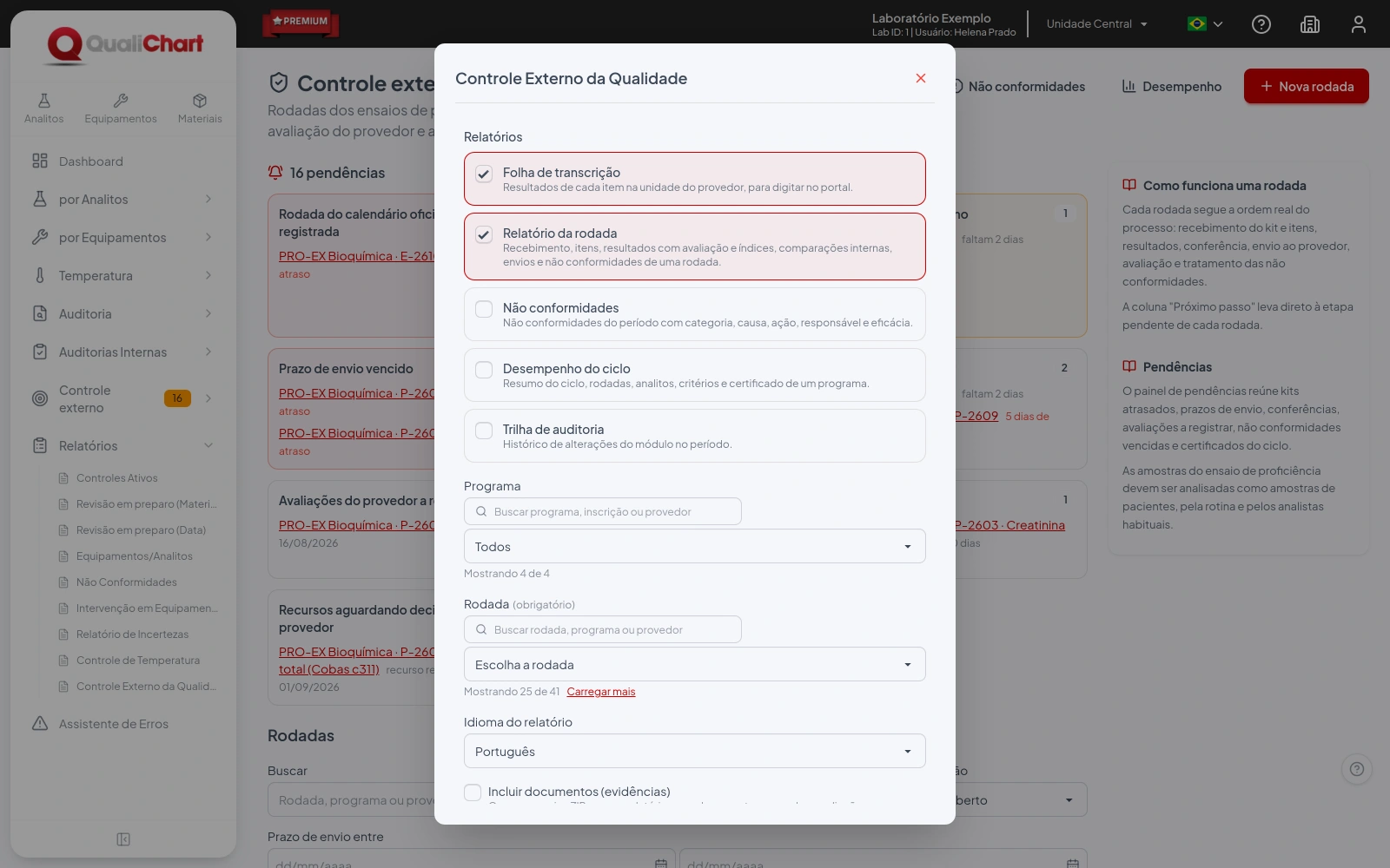 Janela de relatórios do controle externo com os cinco relatórios e os campos de programa, rodada e idioma