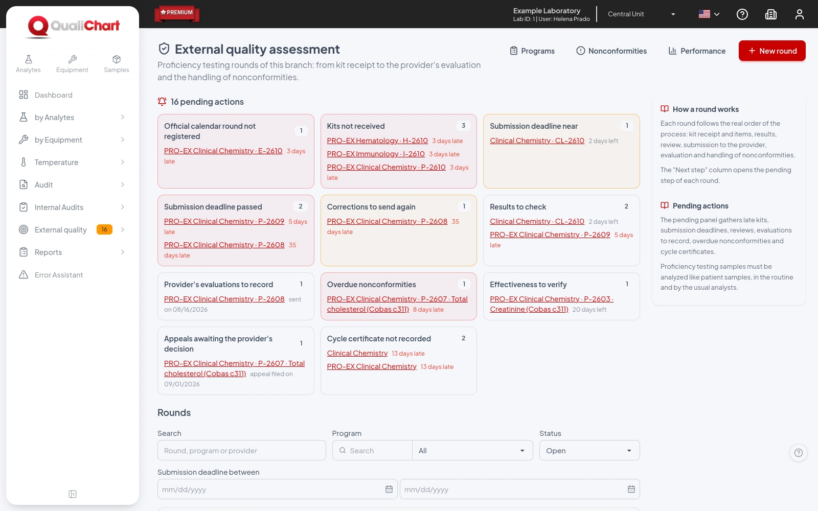 External quality pending items panel grouped by type, above the list of rounds