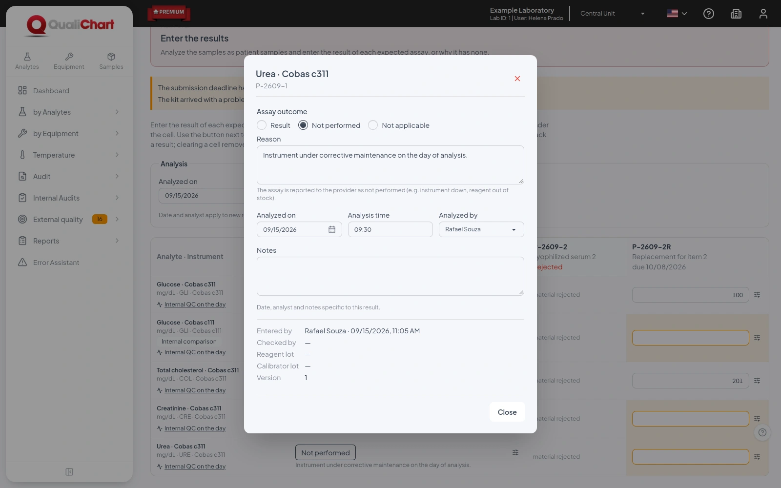 Assay outcome window with Not performed selected, reason, date, time and analyst