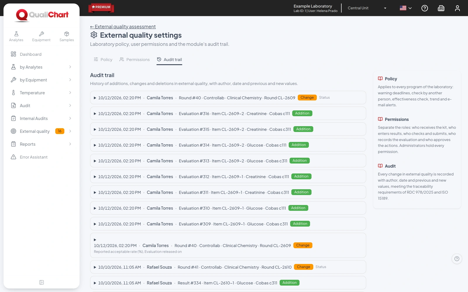 External quality audit trail with the date, user, record and operation of each change