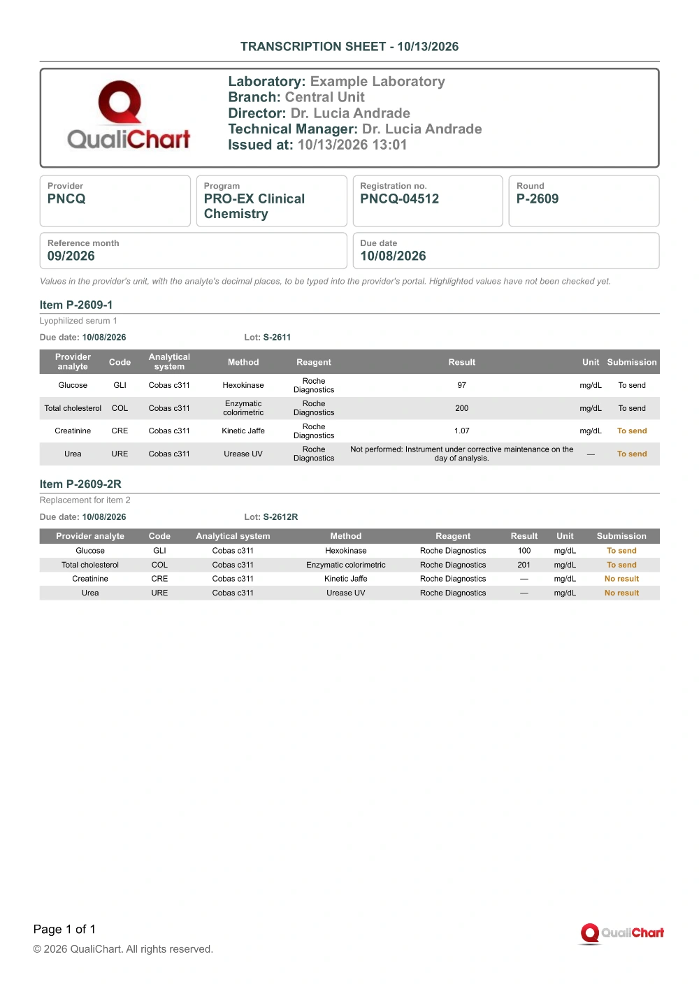 First page of the transcription sheet of round P-2609 with demonstration data