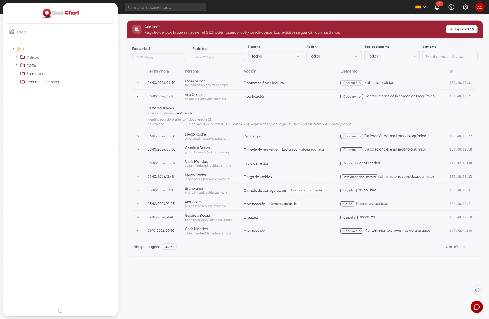Pantalla de auditoría de QC-GED con filtros y registros de lectura, cambio de estado, descarga y permisos