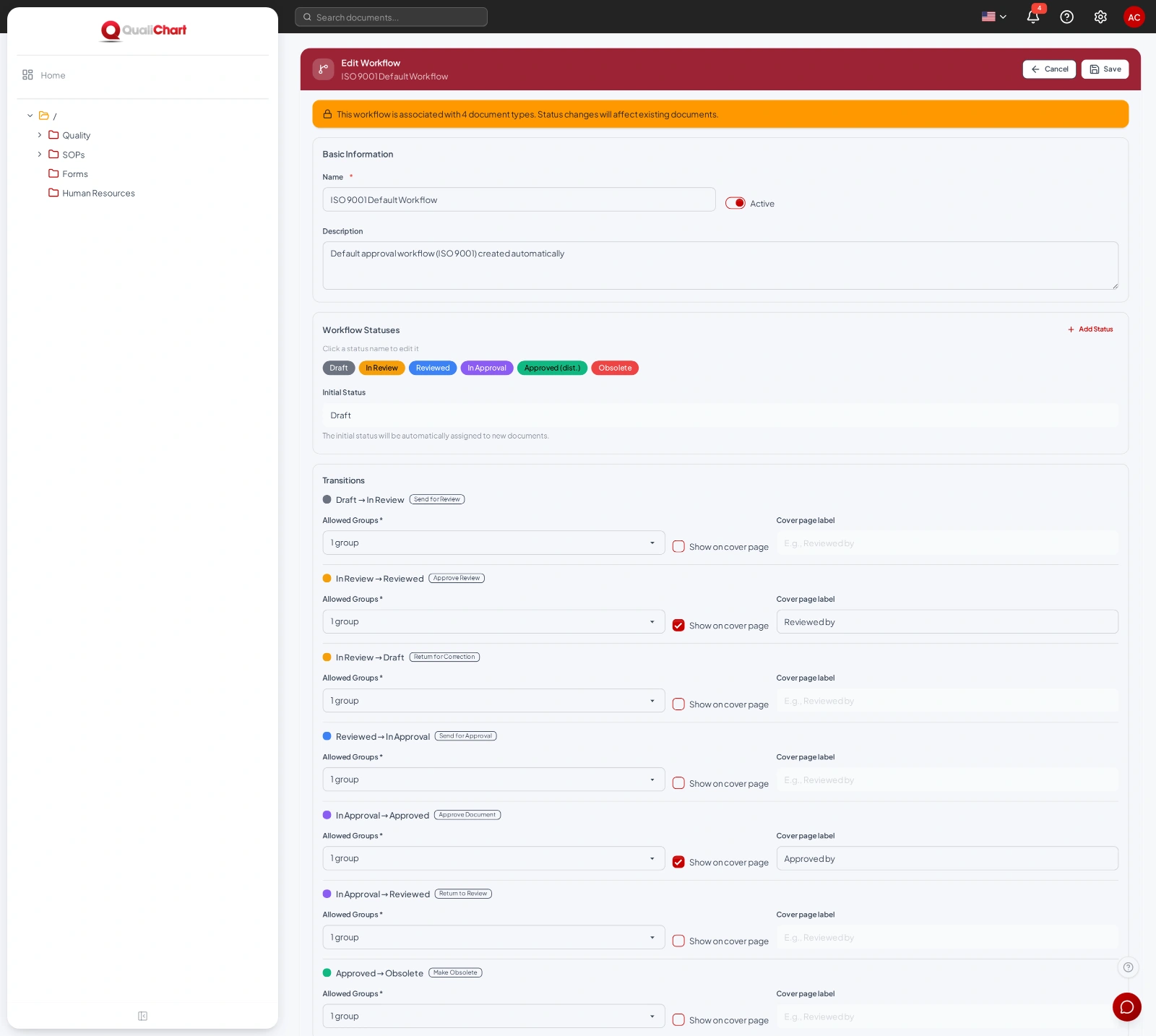 Editing the default ISO 9001 workflow with statuses, transitions, allowed groups and cover page labels