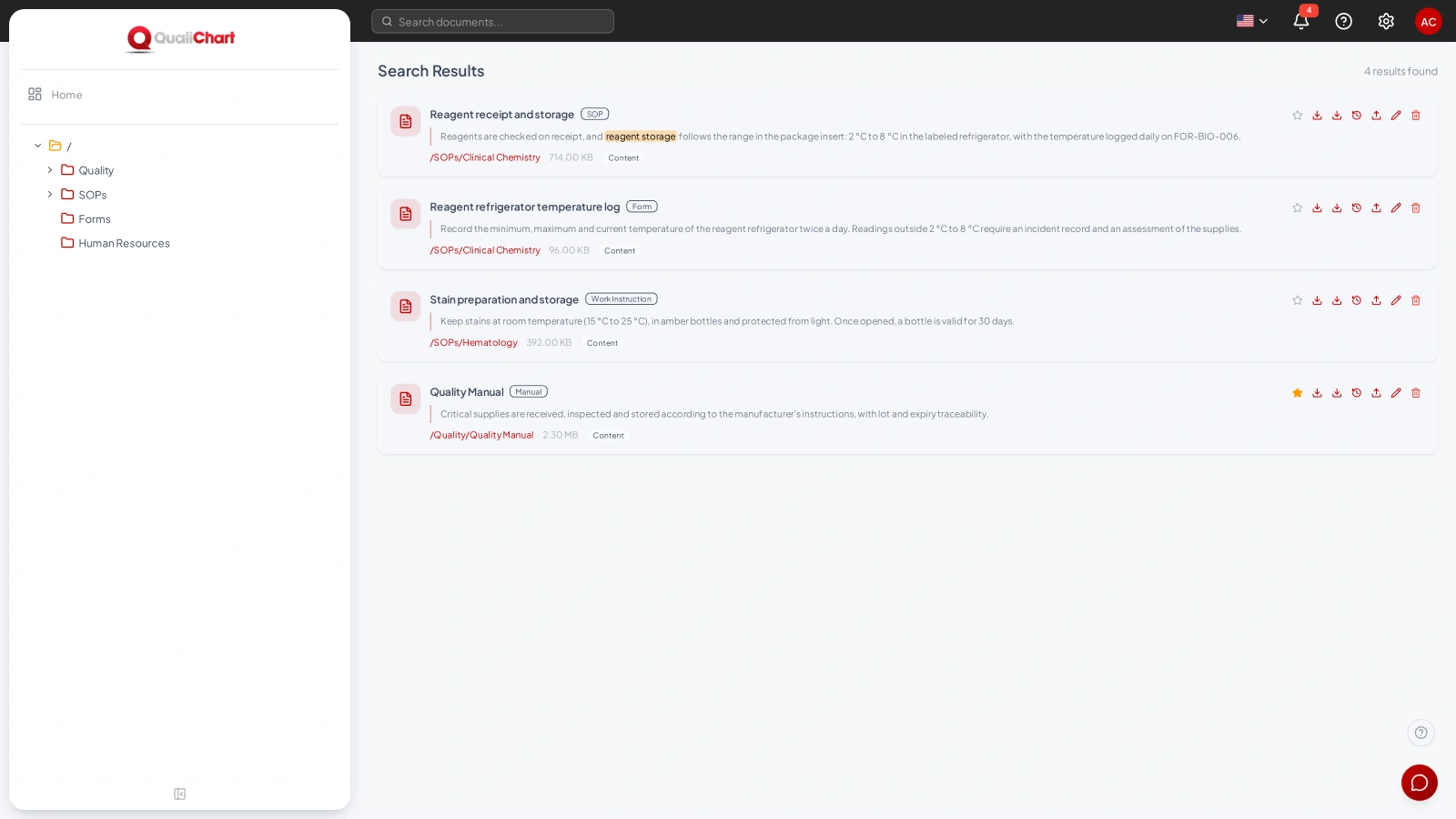 Search results for reagent storage with the matching excerpts in SOPs, forms and the manual