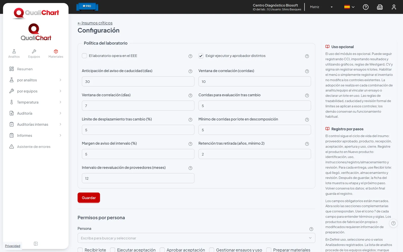 Configuración de permisos y política de insumos
