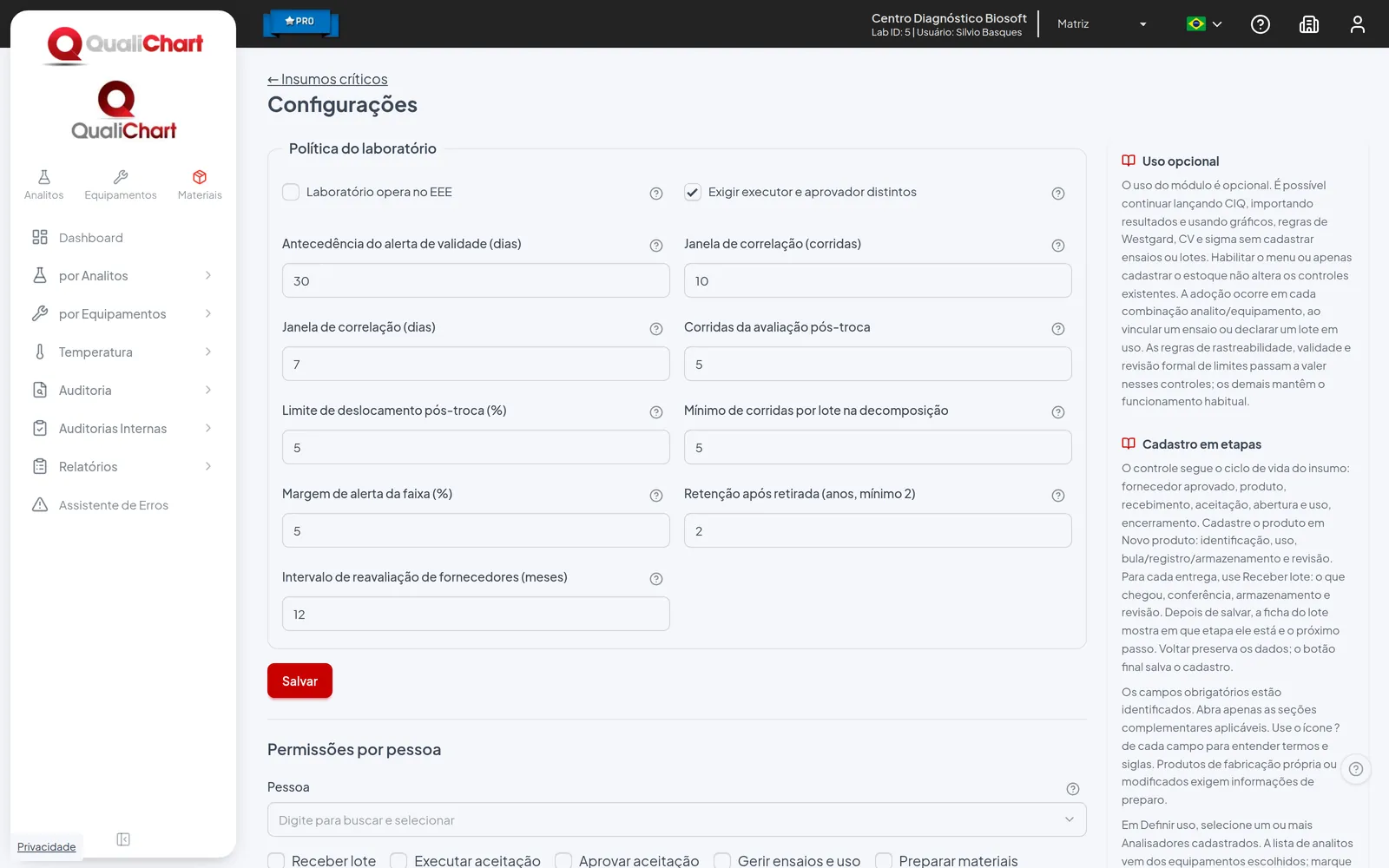 Configurações de permissões e política de insumos