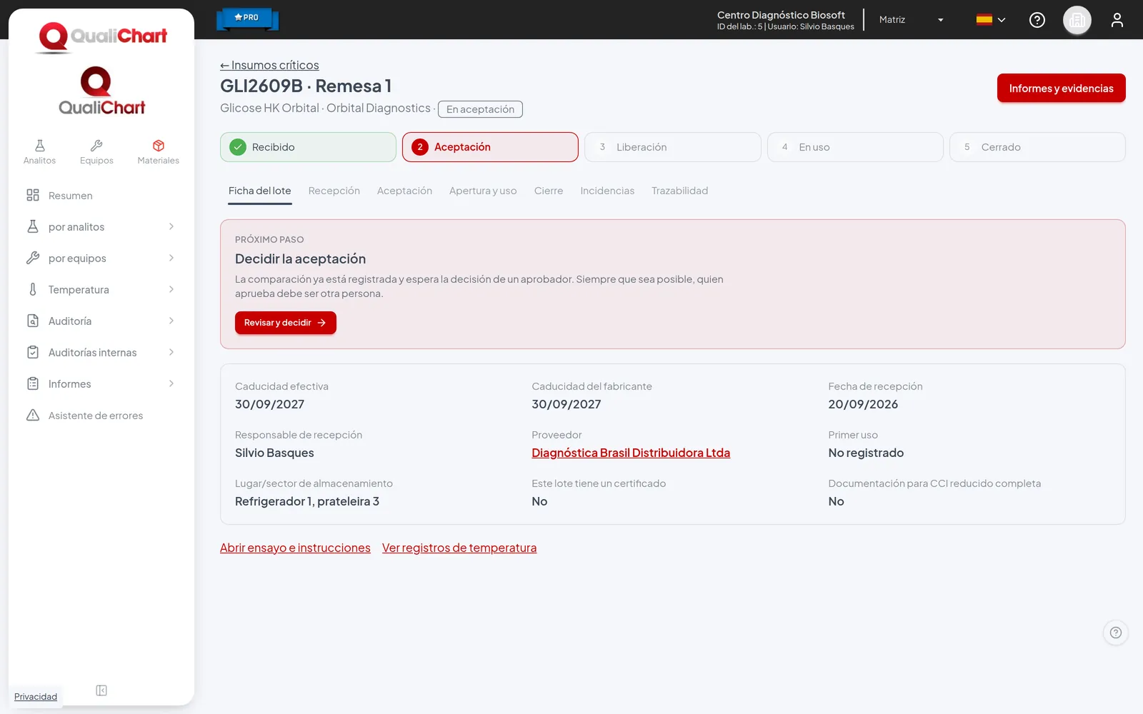 Ficha del lote con etapas y próximo paso