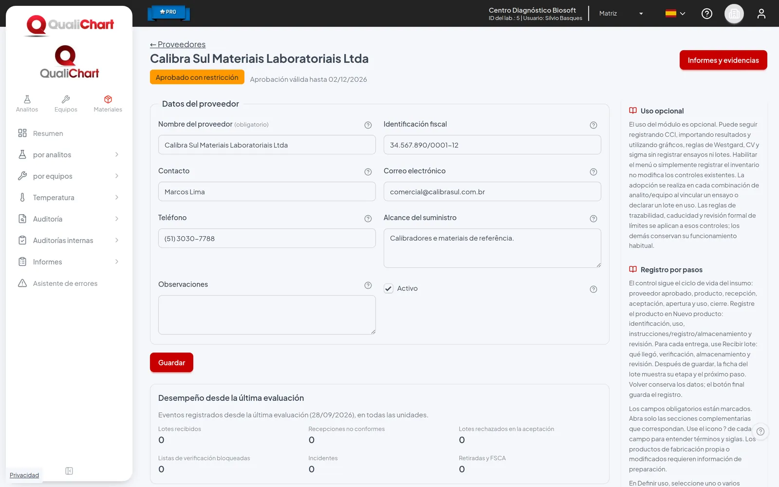 Ficha del proveedor con situación e historial de evaluaciones