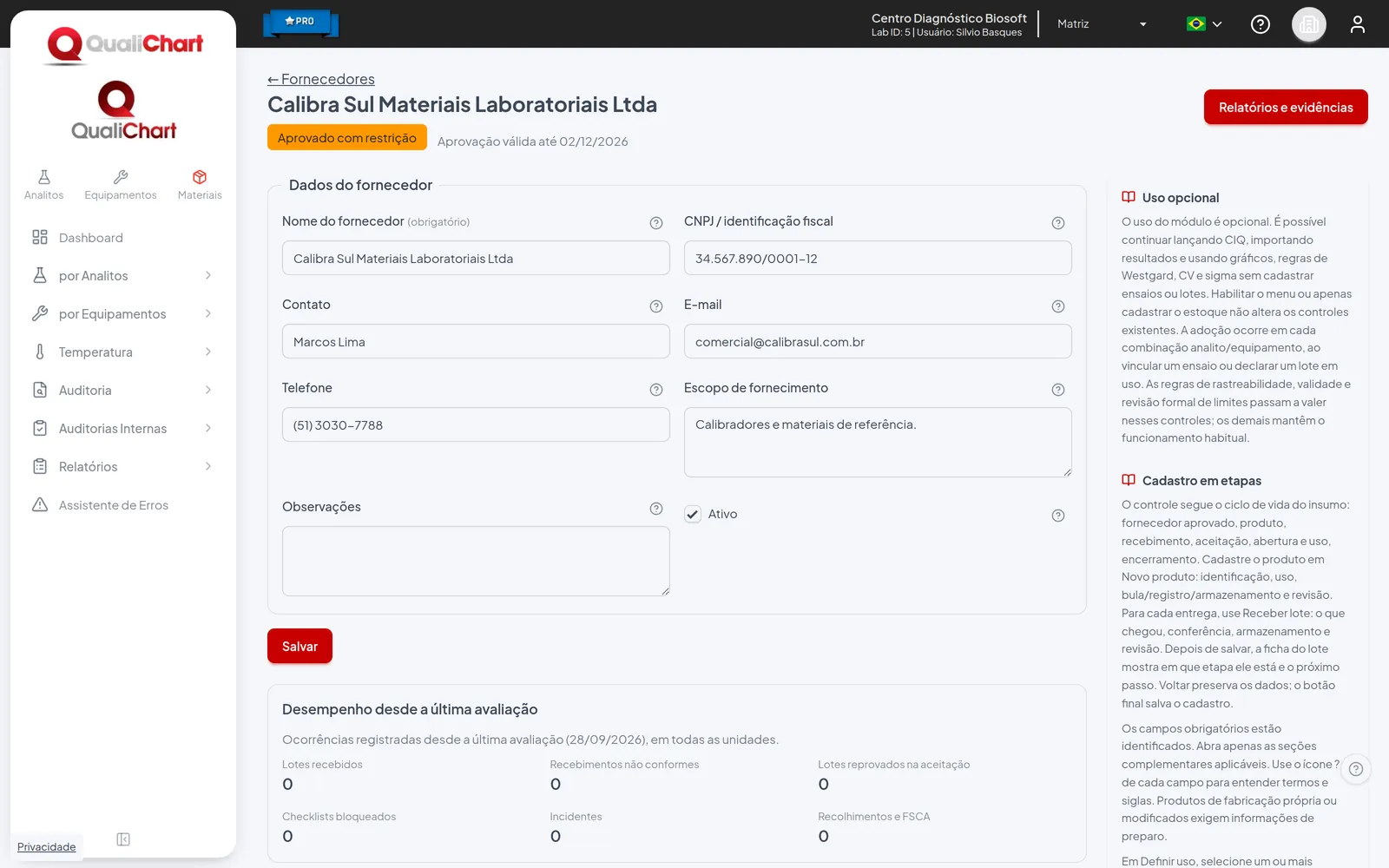 Ficha do fornecedor com situação e histórico de avaliações