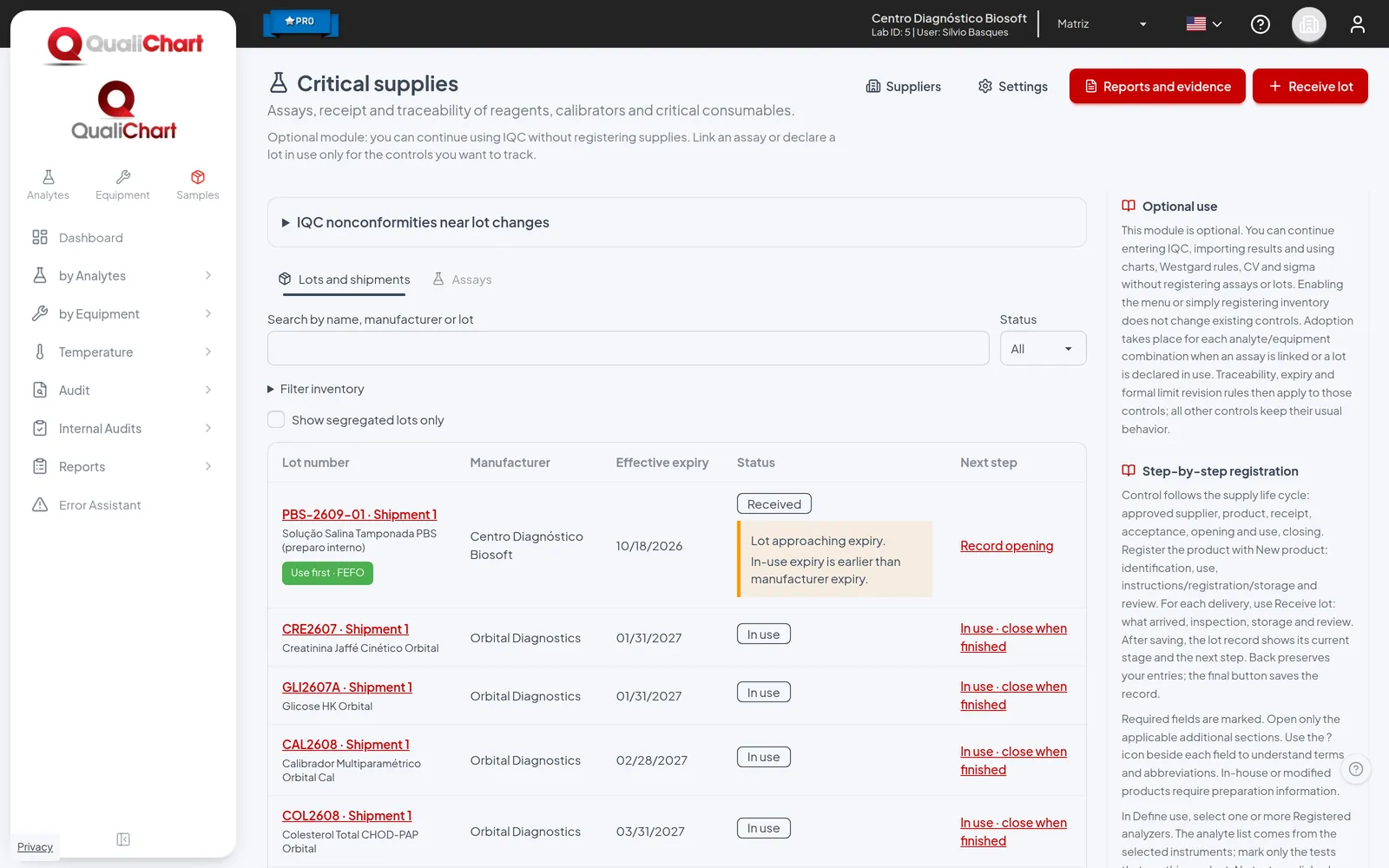 Lot list with status, effective expiry and next step