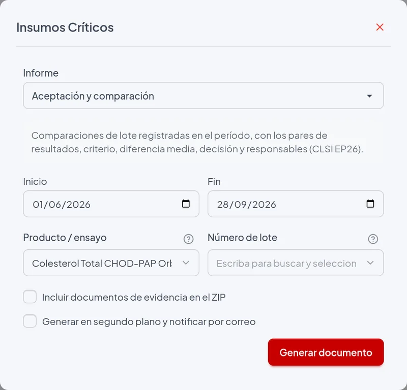 Ventana de emisión del informe Aceptación y comparación con los filtros del ejemplo