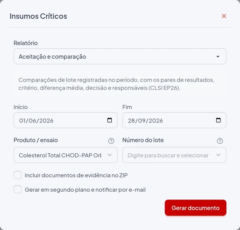 Janela de emissão do relatório Aceitação e comparação com os filtros do exemplo