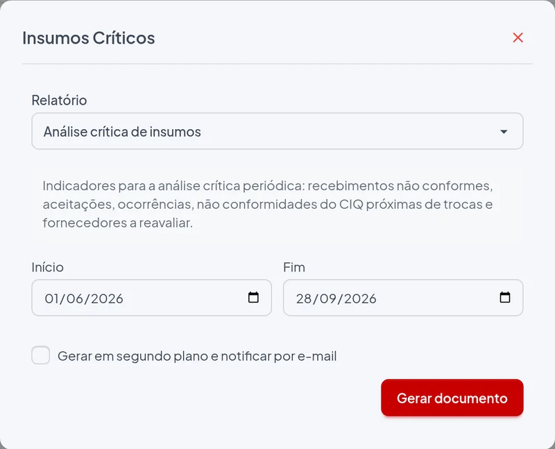 Janela de emissão do relatório Análise crítica de insumos com os filtros do exemplo