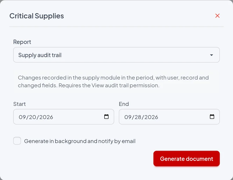Issue window of the Supply audit trail report with the example filters