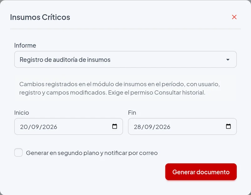 Ventana de emisión del informe Registro de auditoría de insumos con los filtros del ejemplo