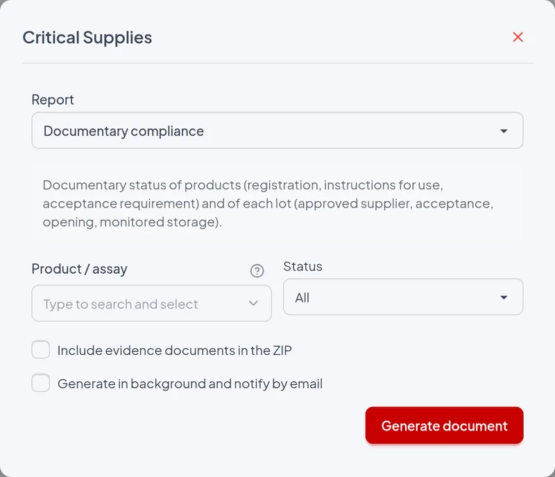 Issue window of the Documentary compliance report with the example filters
