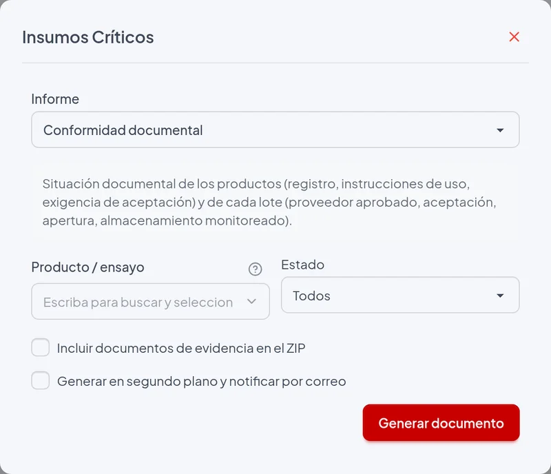 Ventana de emisión del informe Conformidad documental con los filtros del ejemplo