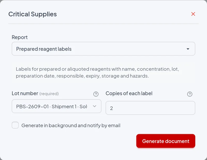 Issue window of the Prepared reagent labels report with the example filters