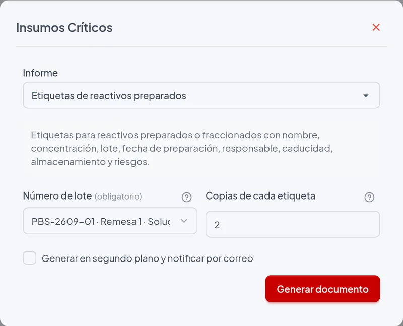Ventana de emisión del informe Etiquetas de reactivos preparados con los filtros del ejemplo