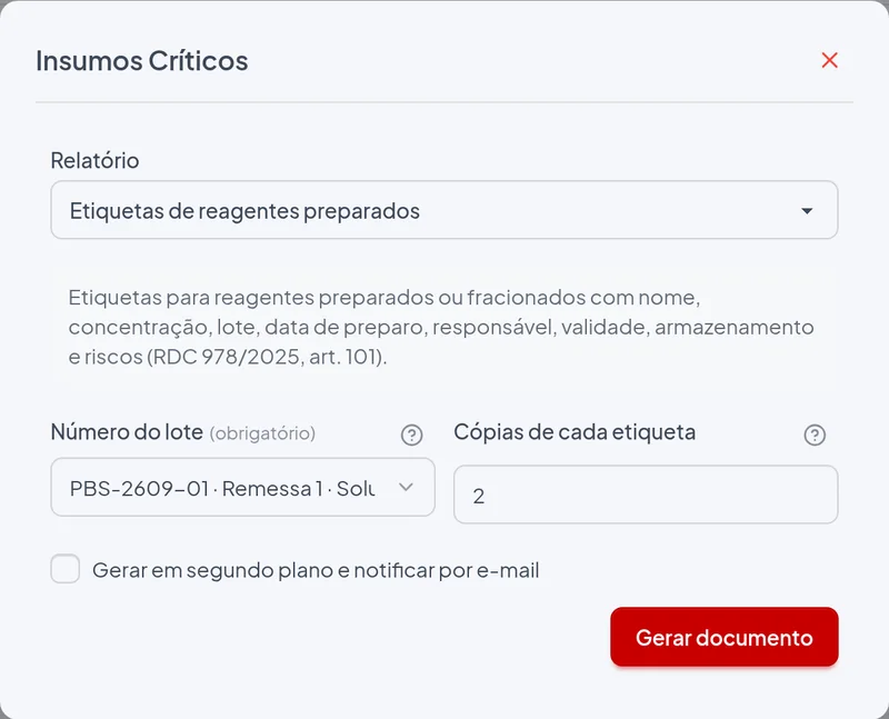 Janela de emissão do relatório Etiquetas de reagentes preparados com os filtros do exemplo