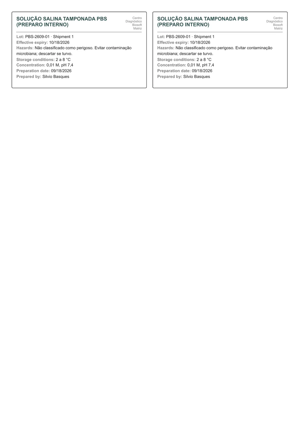First page of the Prepared reagent labels report with demonstration data