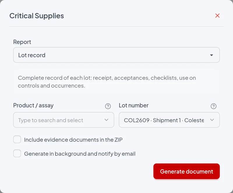 Issue window of the Lot record report with the example filters