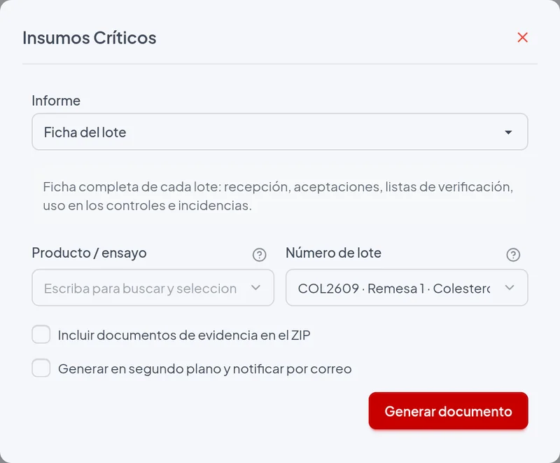 Ventana de emisión del informe Ficha del lote con los filtros del ejemplo