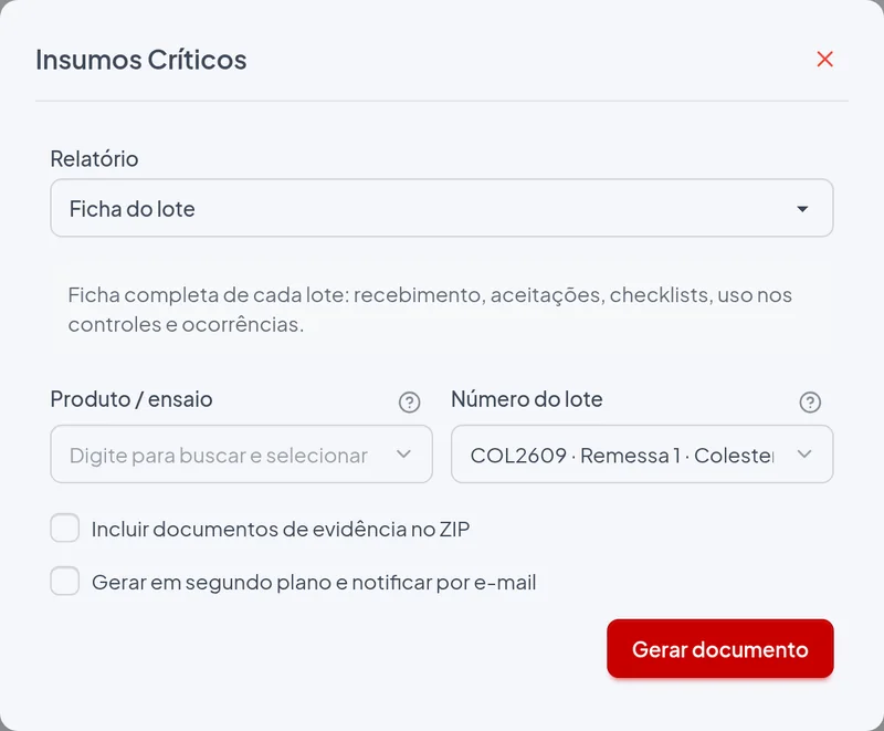 Janela de emissão do relatório Ficha do lote com os filtros do exemplo