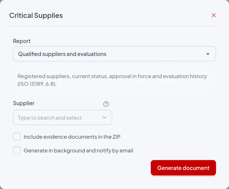 Issue window of the Qualified suppliers and evaluations report with the example filters