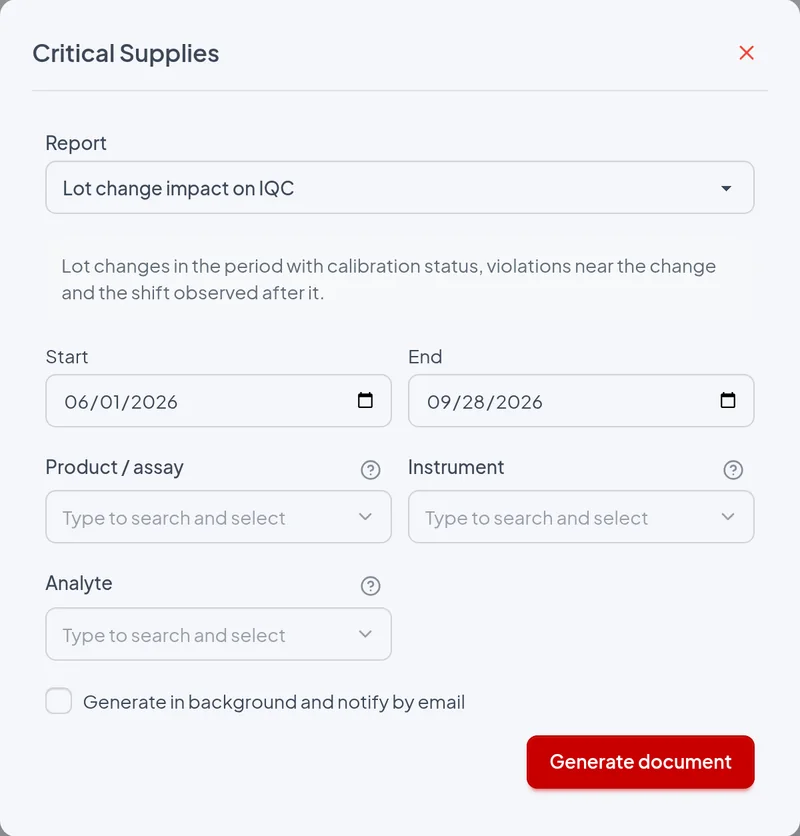 Issue window of the Lot change impact on IQC report with the example filters
