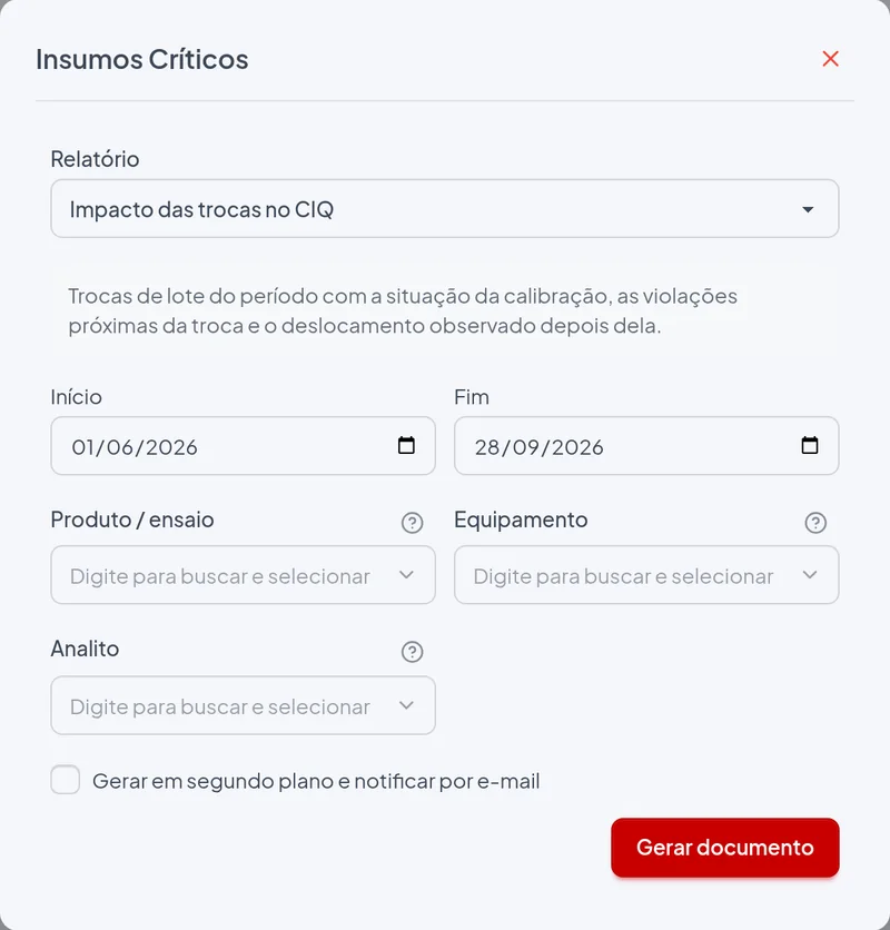Janela de emissão do relatório Impacto das trocas no CIQ com os filtros do exemplo