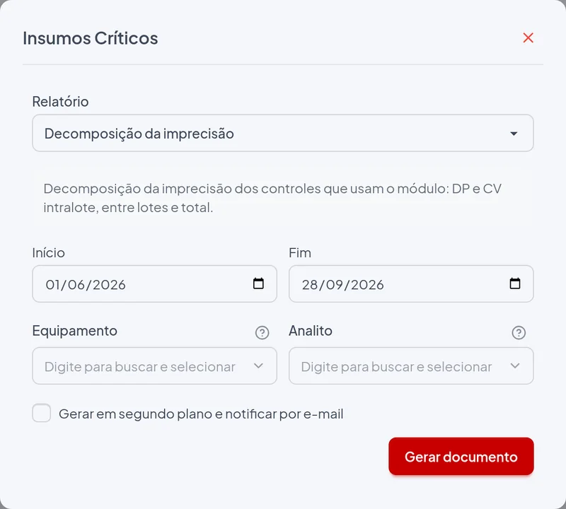 Janela de emissão do relatório Decomposição da imprecisão com os filtros do exemplo