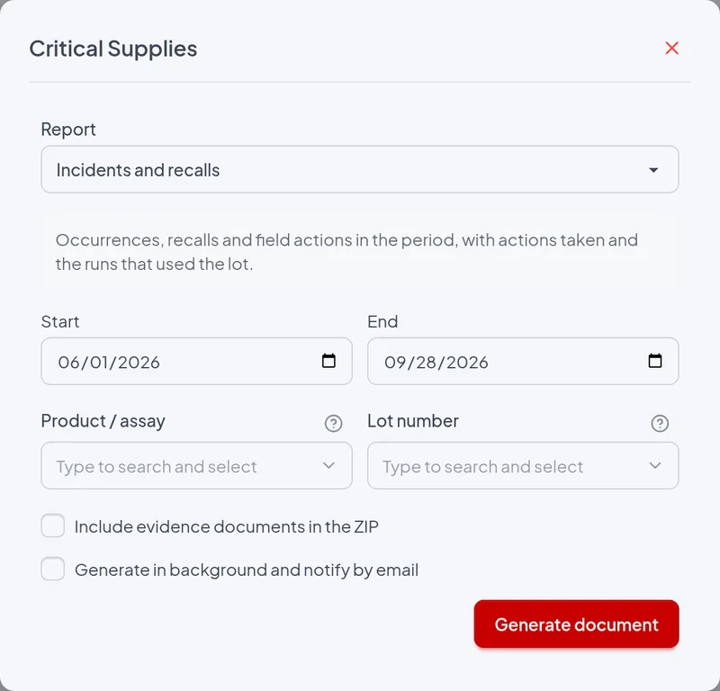 Issue window of the Incidents and recalls report with the example filters
