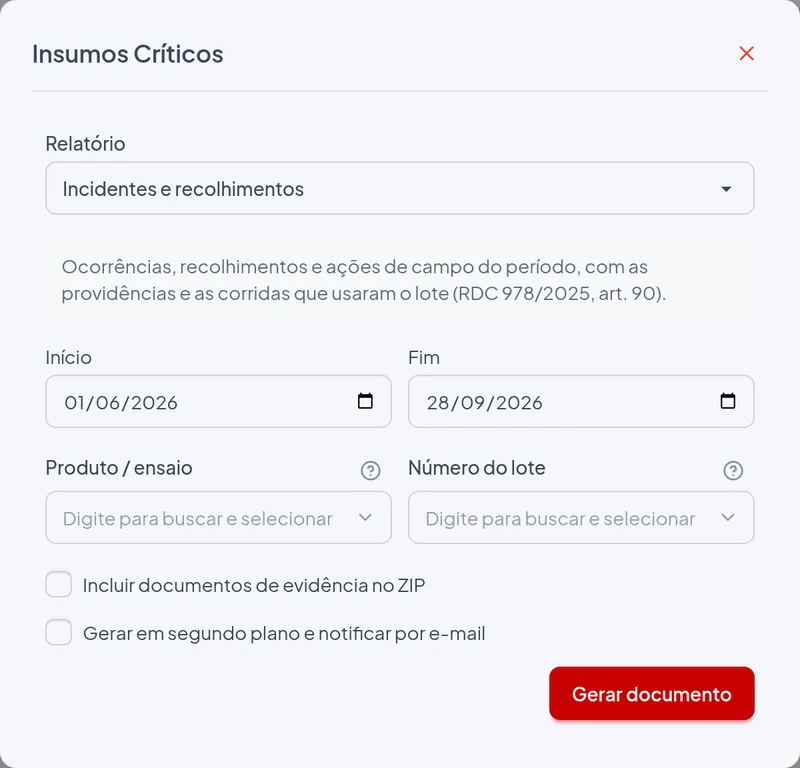 Janela de emissão do relatório Incidentes e recolhimentos com os filtros do exemplo