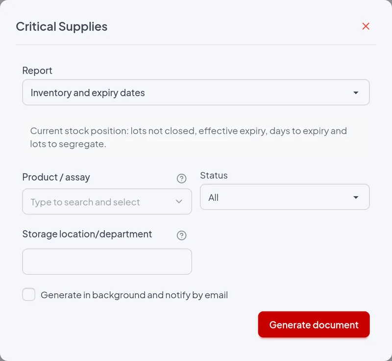 Issue window of the Inventory and expiry dates report with the example filters