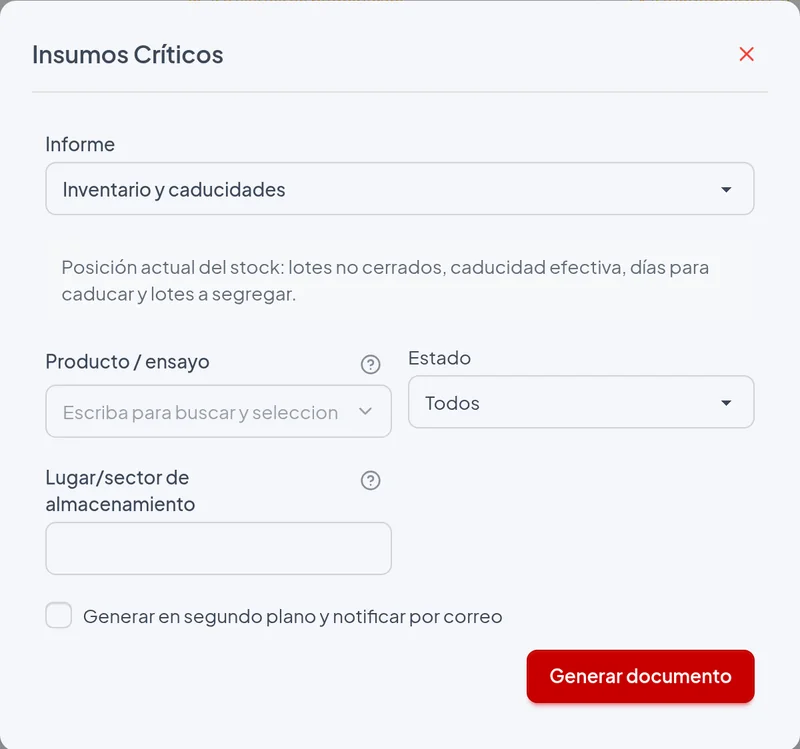 Ventana de emisión del informe Inventario y caducidades con los filtros del ejemplo